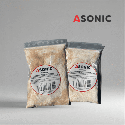 Polvere detergente ad ultrasuoni ASONIC AS-UCP, soluzione concentrata per la rimozione sicura di sporco, grasso e ossidazione.