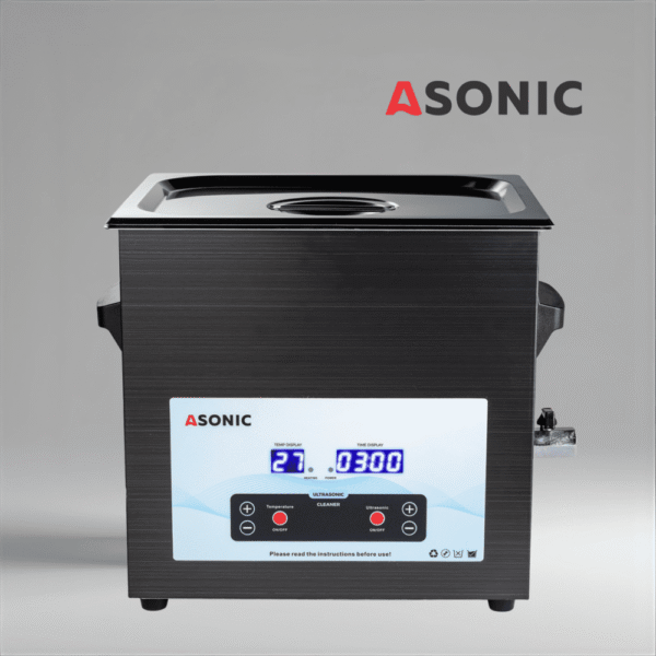 Pulitrice a ultrasuoni nera ASONIC MED 10L con coperchio chiuso per la pulizia di strumenti medici di grandi dimensioni