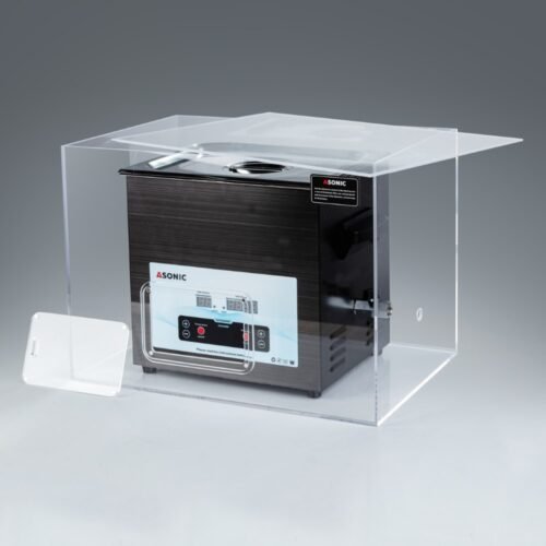 Open silent box showing a 10L ASONIC ultrasonic cleaner designed for quiet professional cleaning.
