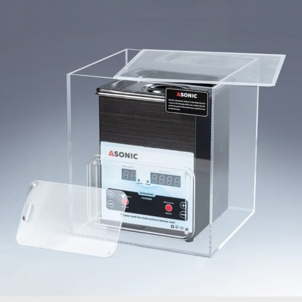 ASONIC-MED-20-40khz-silentbox5-scaled Open silent box showing a 2L ASONIC ultrasonic cleaner inside, designed to reduce noise during operation.
