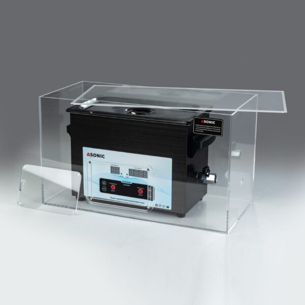 Open silent box displaying a 3L ASONIC ultrasonic cleaner, illustrating noise reduction design.