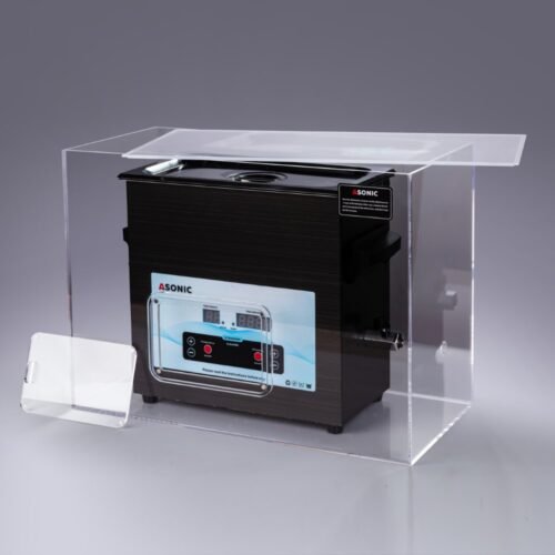 Open silent box showing a 7L ASONIC ultrasonic cleaner for quiet and efficient cleaning applications.