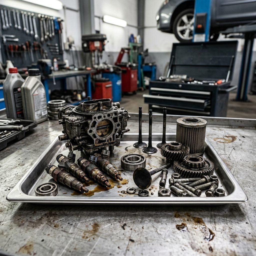 Parti del motore e carburatore in officina pronti per la pulizia a ultrasuoni