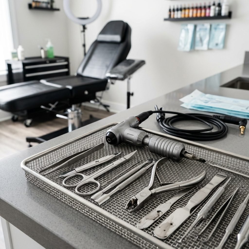 Strumenti per estetica e tatuaggi nel cestello per la pulizia a ultrasuoni