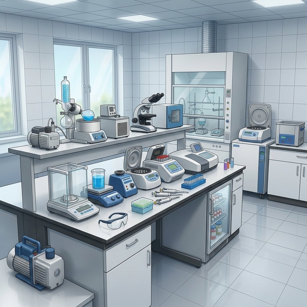 Laboratorio con attrezzature e pulitore a ultrasuoni
