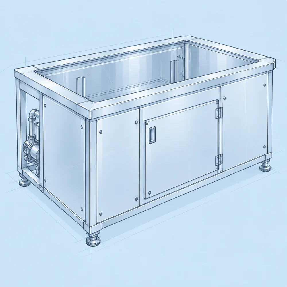 Schizzo di un pulitore a ultrasuoni industriale ASONIC su misura con vasca in acciaio inox